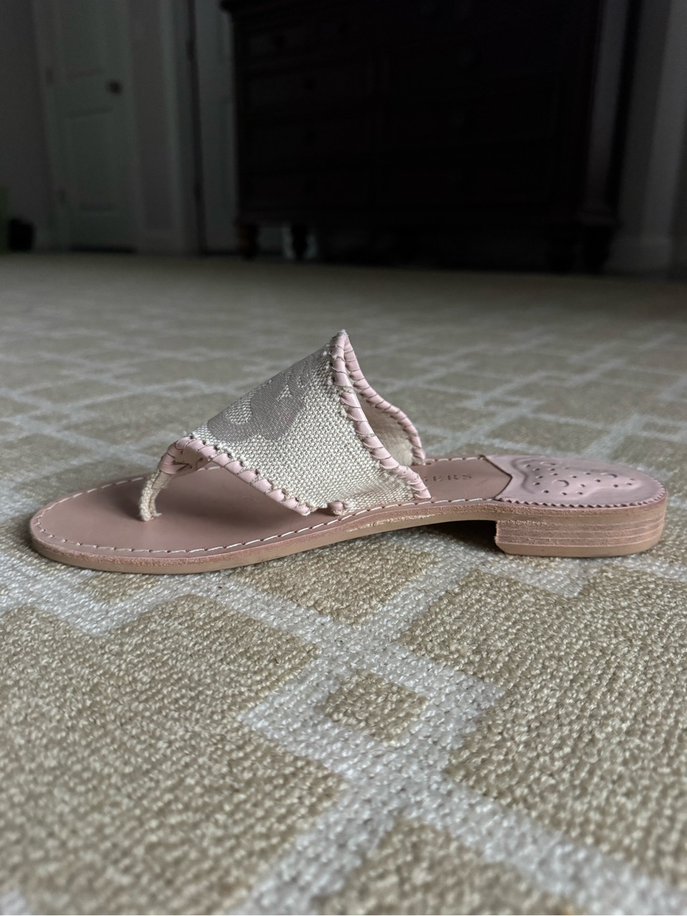 Jack Rogers Spartina Mermaid Thong Flip Flop Sandals Pink Ivory Leather Linen 9 - Picture 6 of 14